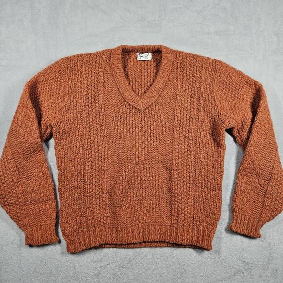 Vintage Campus Sweater Women Medium Fisherman Wool Blend Kodel V Neck Orange USA - Picture 1 of 10